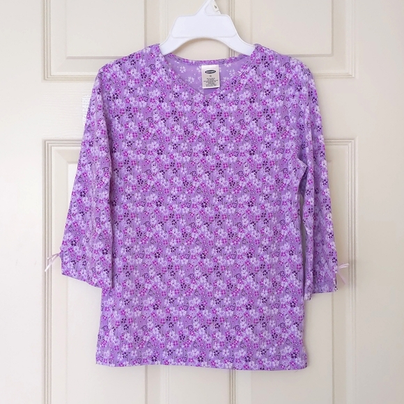 NWOT.Old Navy Multicolor Purple Floral V-Neck Top w/3/4 Sleeve & Cuff Ribbon Tie - Picture 1 of 3